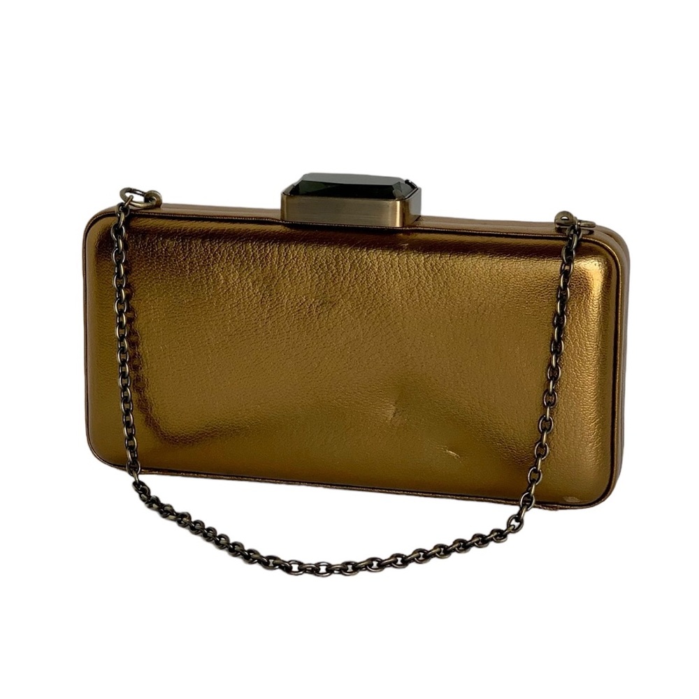 NWT Rare J. Crew Metallic Leather Frame Clutch Retractable Chain Handle - Picture 3 of 13